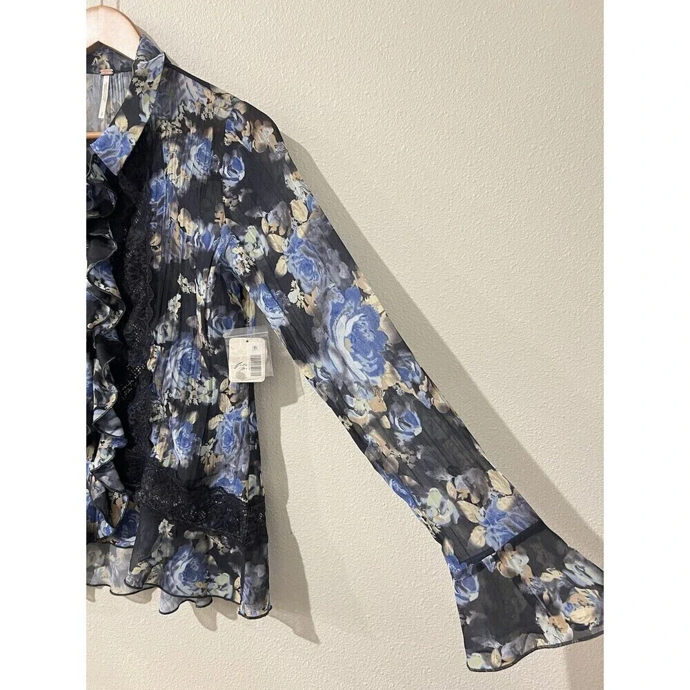 Free People Bad at Love Blouse Sheer Floral Ruffle Sleeve Lace Boho Fairy Whimsy